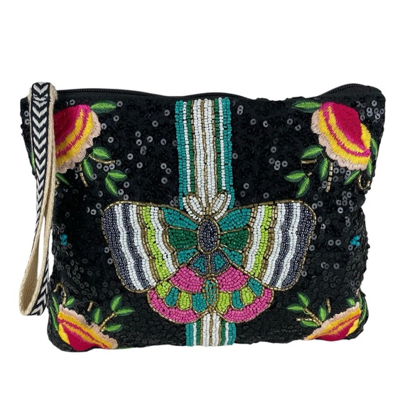 America & Beyond Butterfly Beaded Bag Clutch Wristlet Floral Black Multicolored